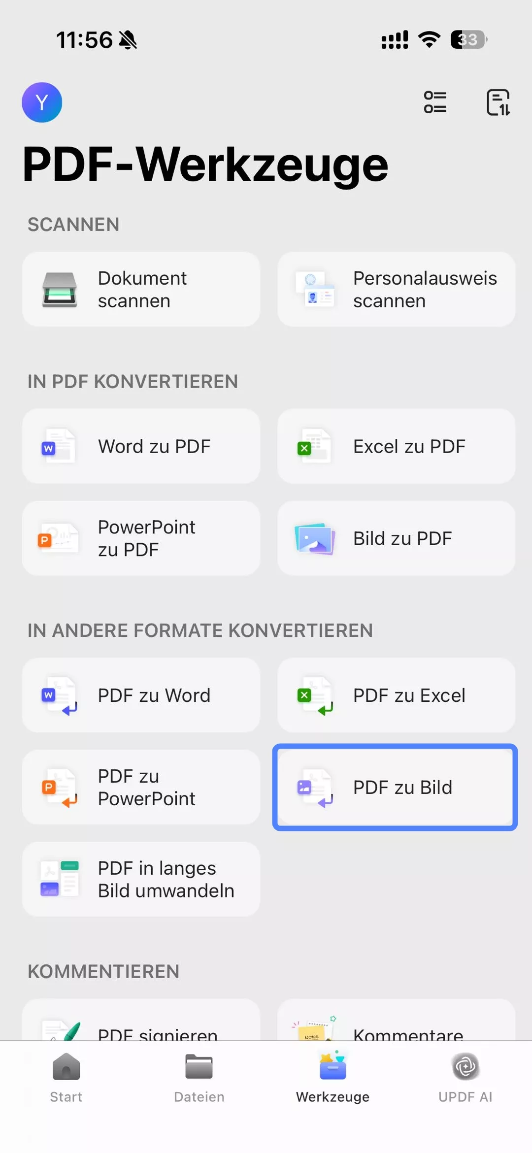 Klicken Sie auf „Werkzeuge“ und tippen Sie auf „PDF in Bild“