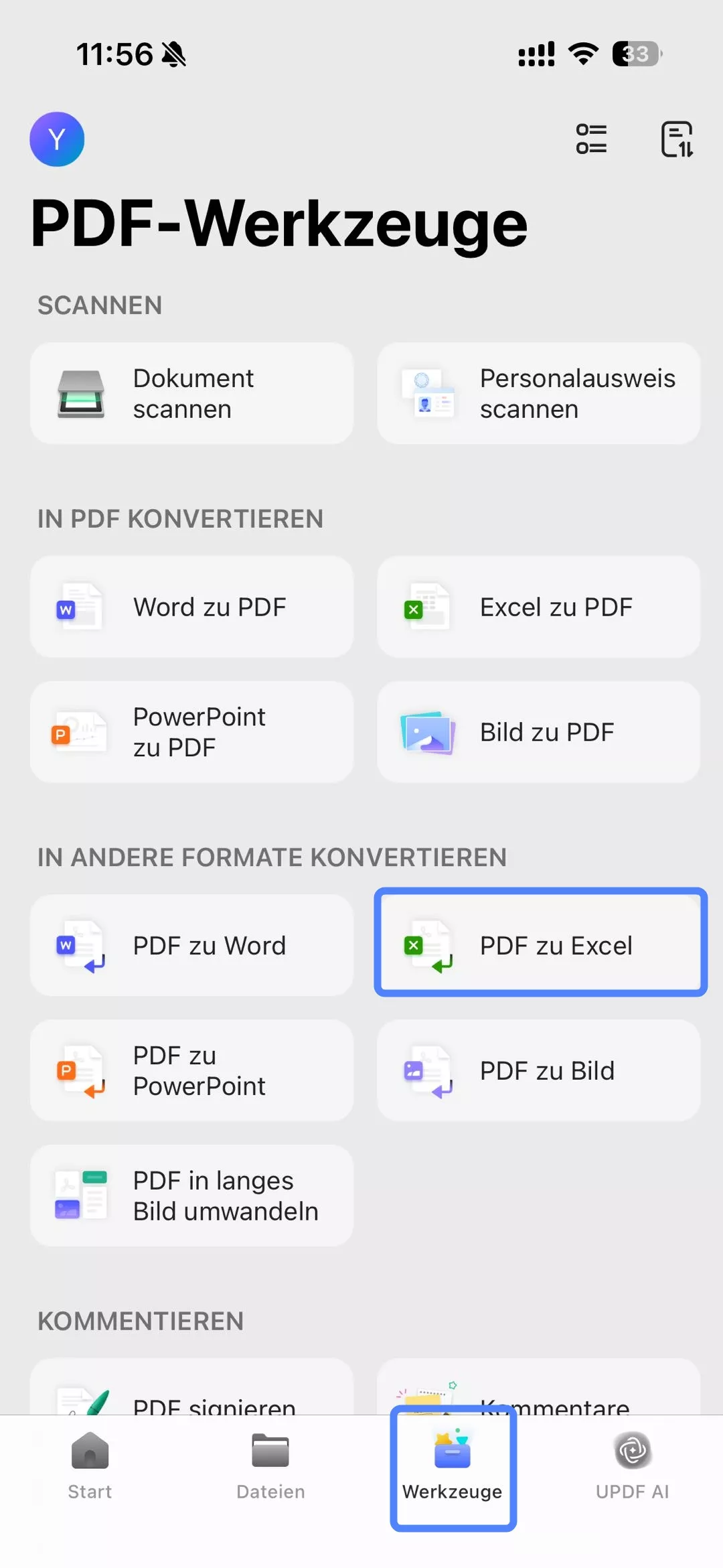 Klicken Sie auf „Werkzeuge“ und tippen Sie auf „PDF zu Excel“