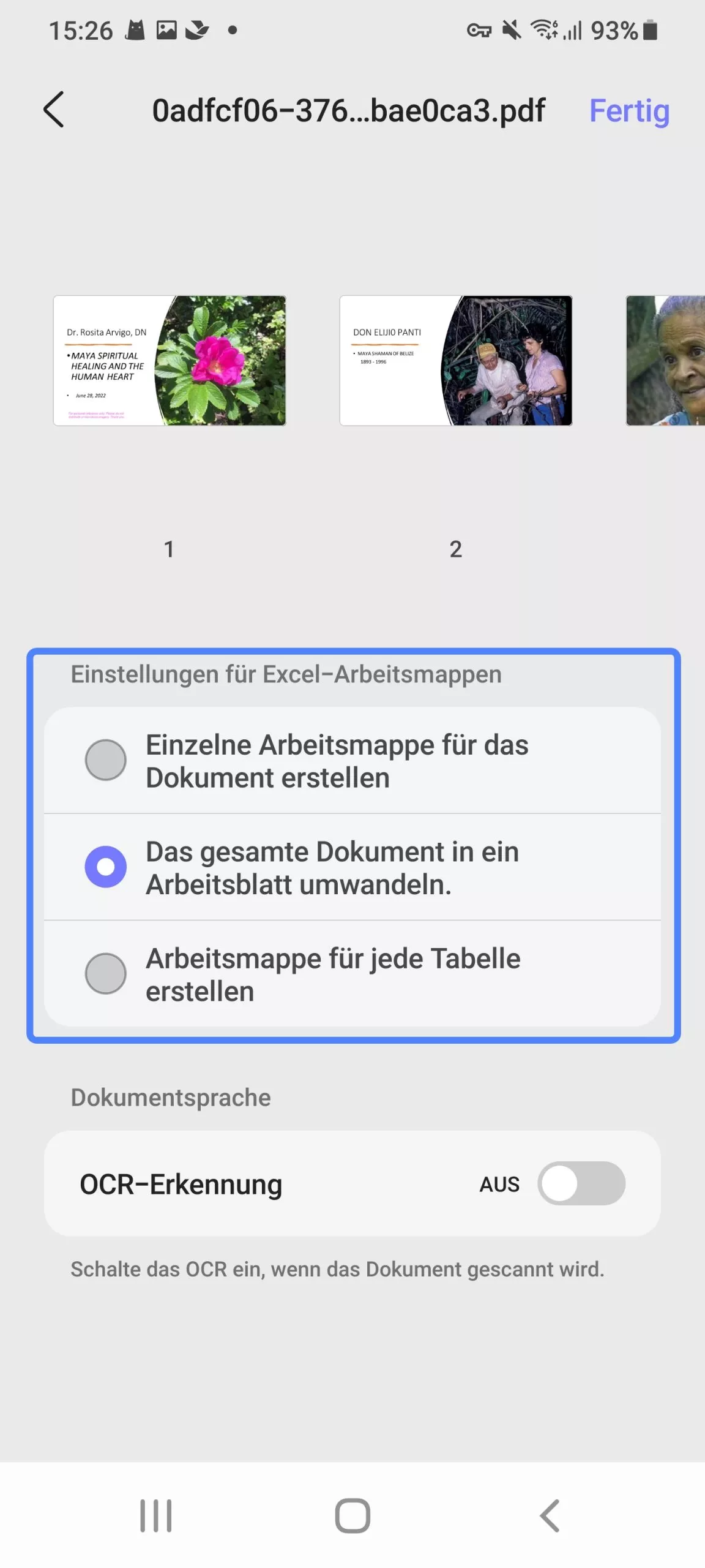 Excel-Arbeitsmappen auswählen Einstellungen aktualisieren Android