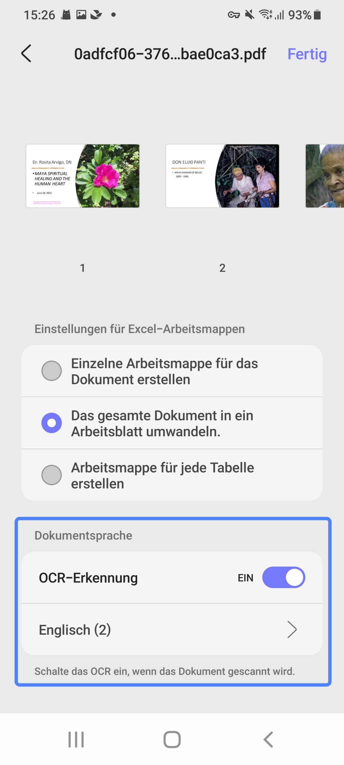 OCR aktivieren und Sprache auswählen, wenn PDF zu Excel updf Android