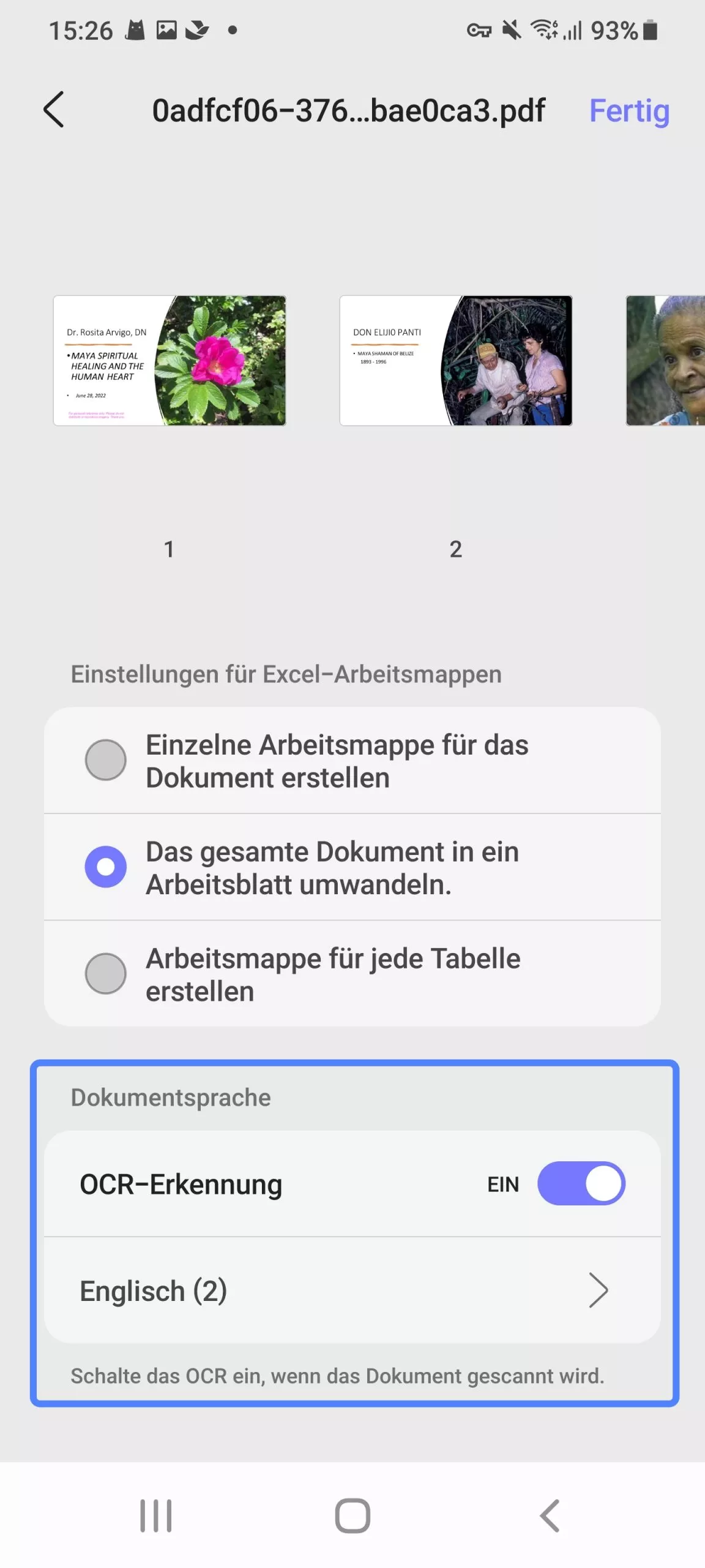 OCR aktivieren und Sprache auswählen, wenn PDF zu Excel updf Android