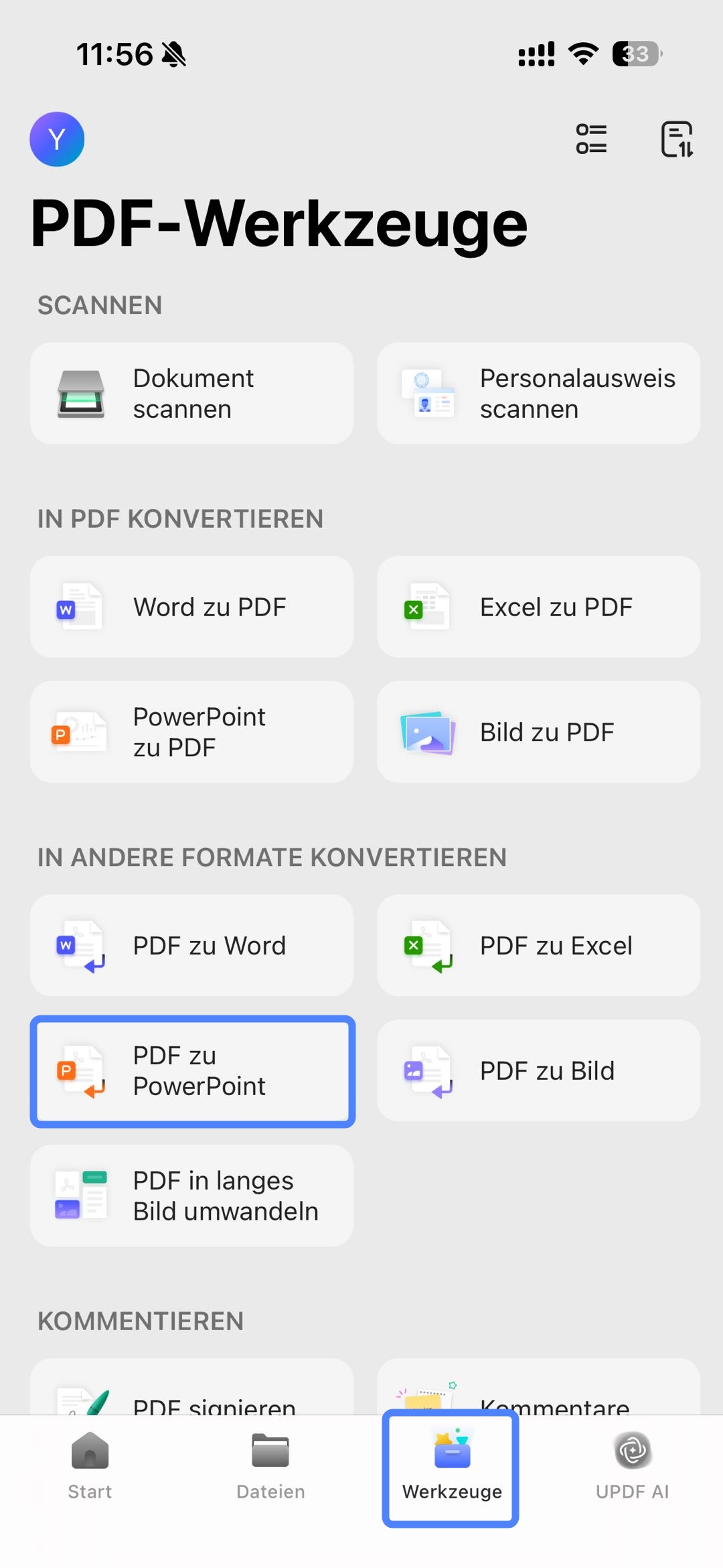 Klicken Sie auf „Werkzeuge“ und tippen Sie auf „PDF zu PowerPoint“