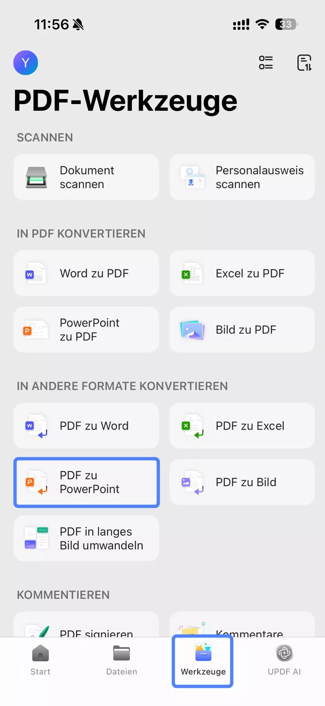 Klicken Sie auf „Werkzeuge“ und tippen Sie auf „PDF zu PowerPoint“