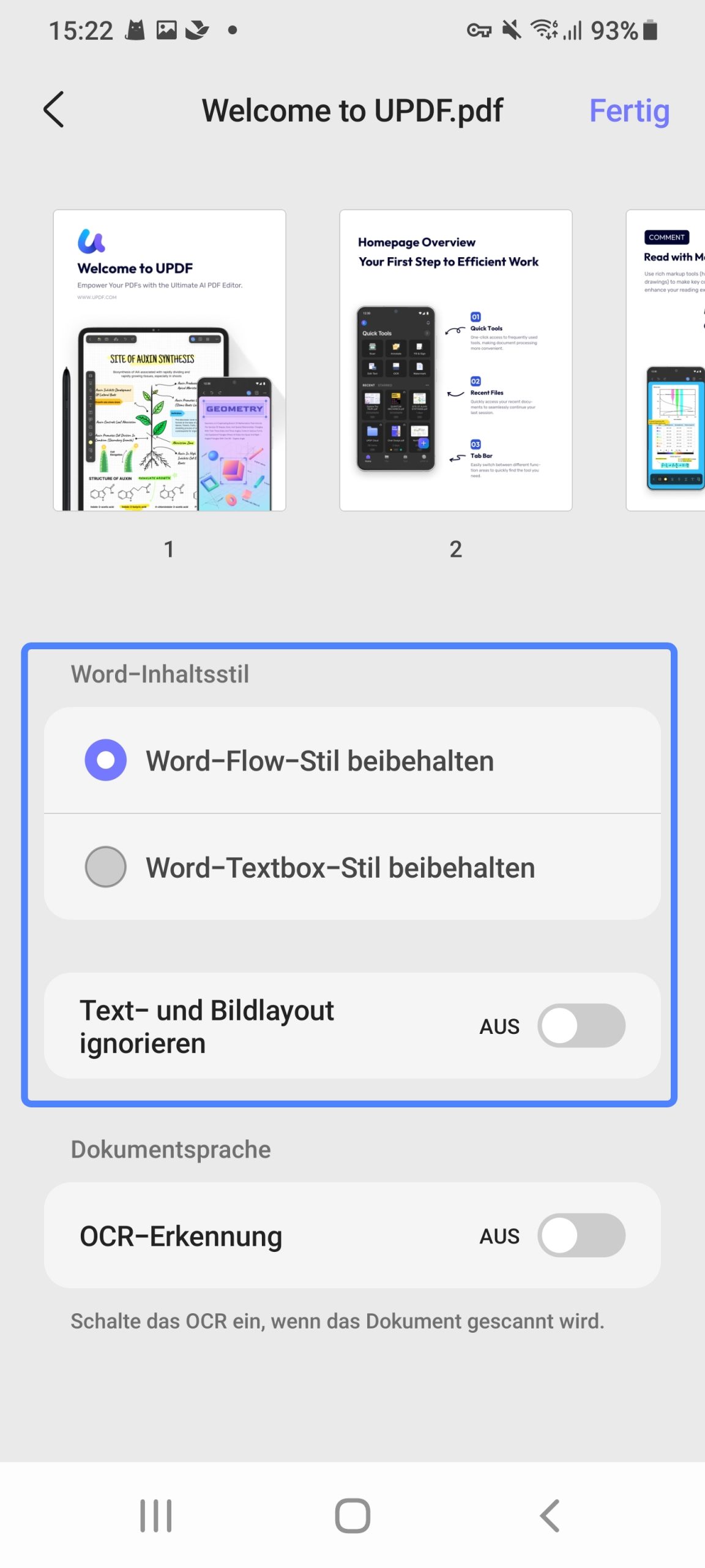 Wählen Sie den Wortinhaltstil updf android