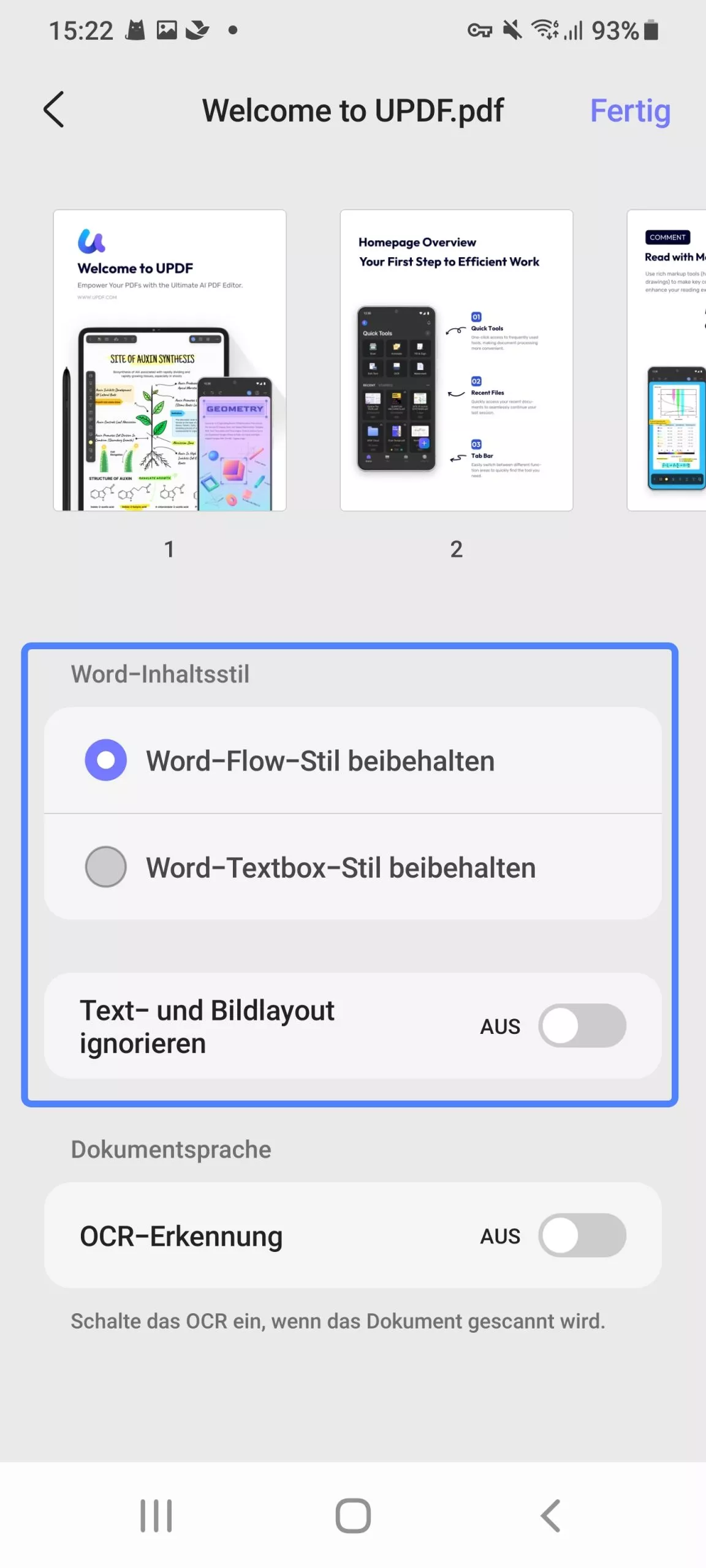 Wählen Sie den Wortinhaltstil updf android