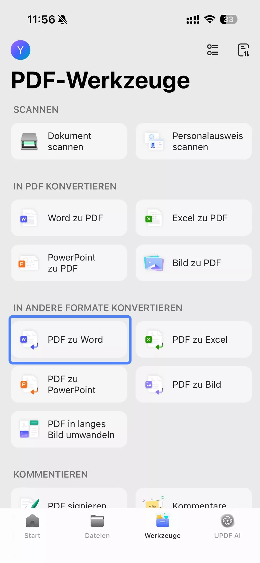 tippen Sie auf „PDF zu Word“