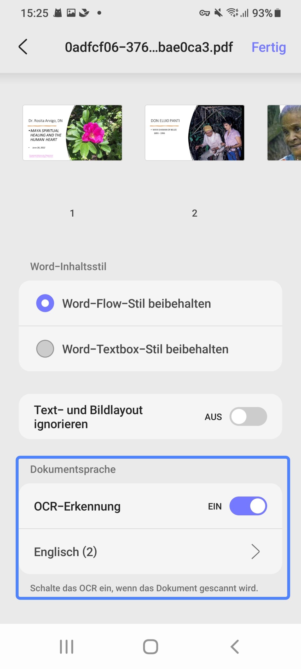 OCR aktivieren und Sprache auswählen updf android
