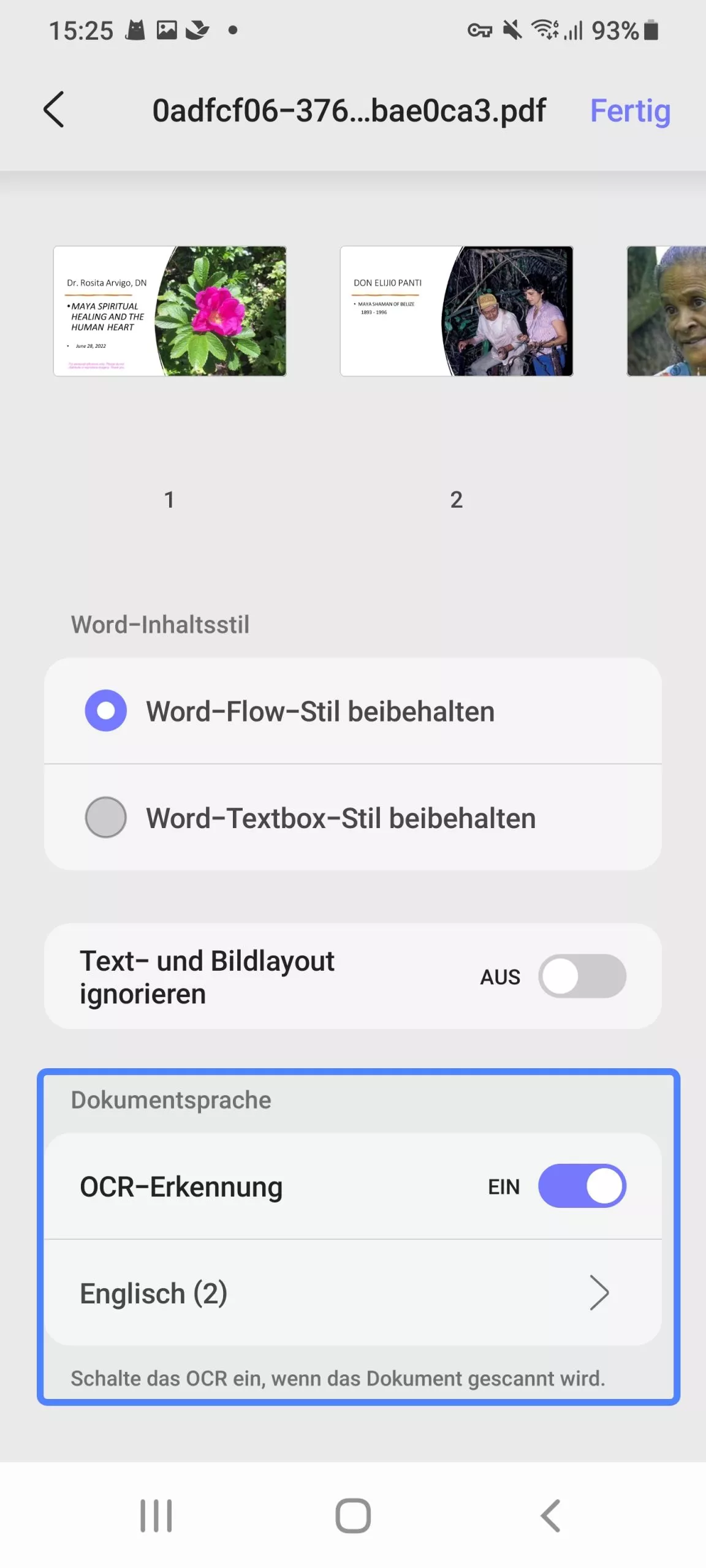 OCR aktivieren und Sprache auswählen updf android