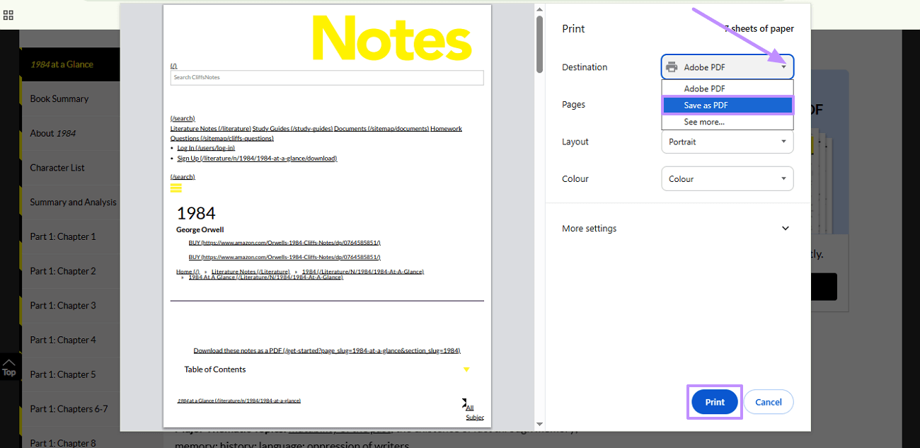 Seite als PDF drucken Cliffsnotes