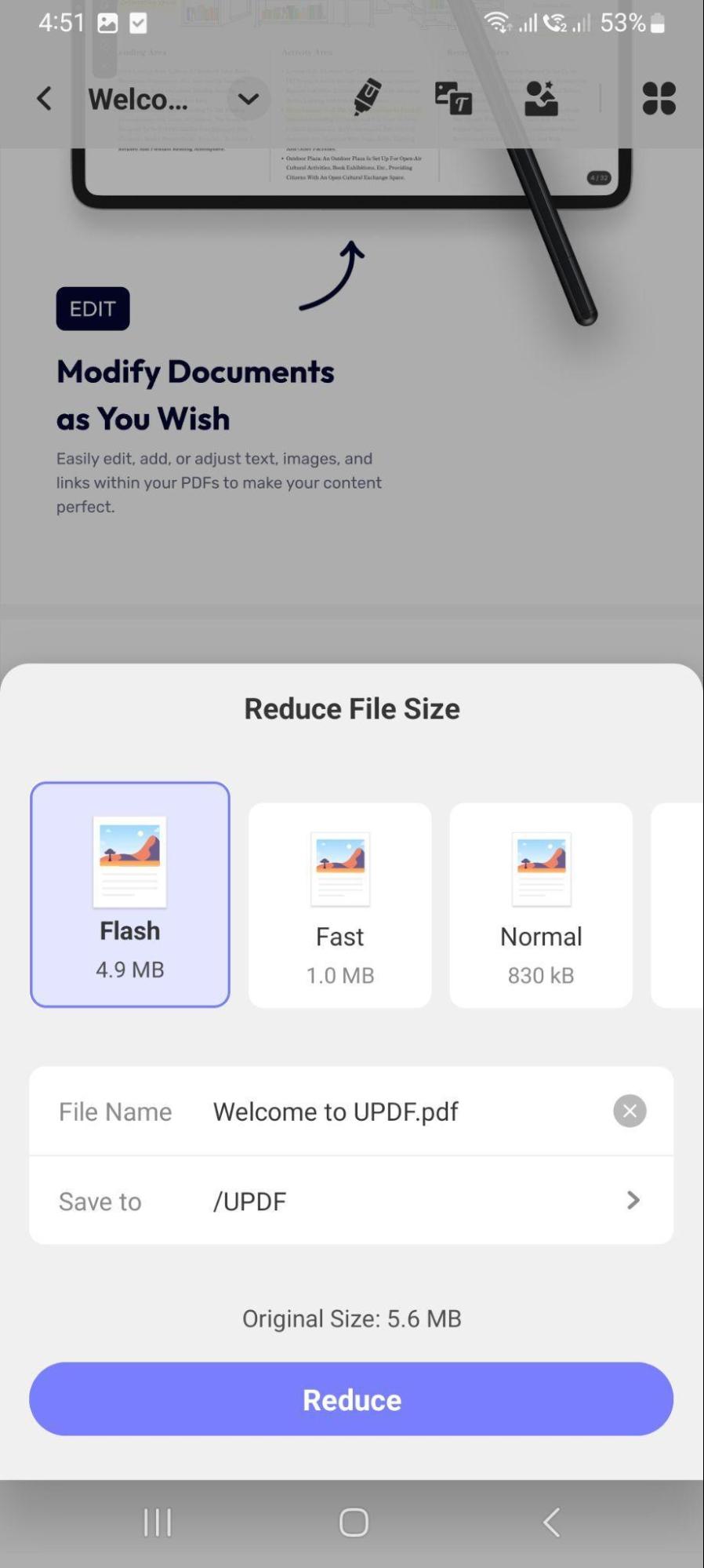 reduce pdf file using updf android