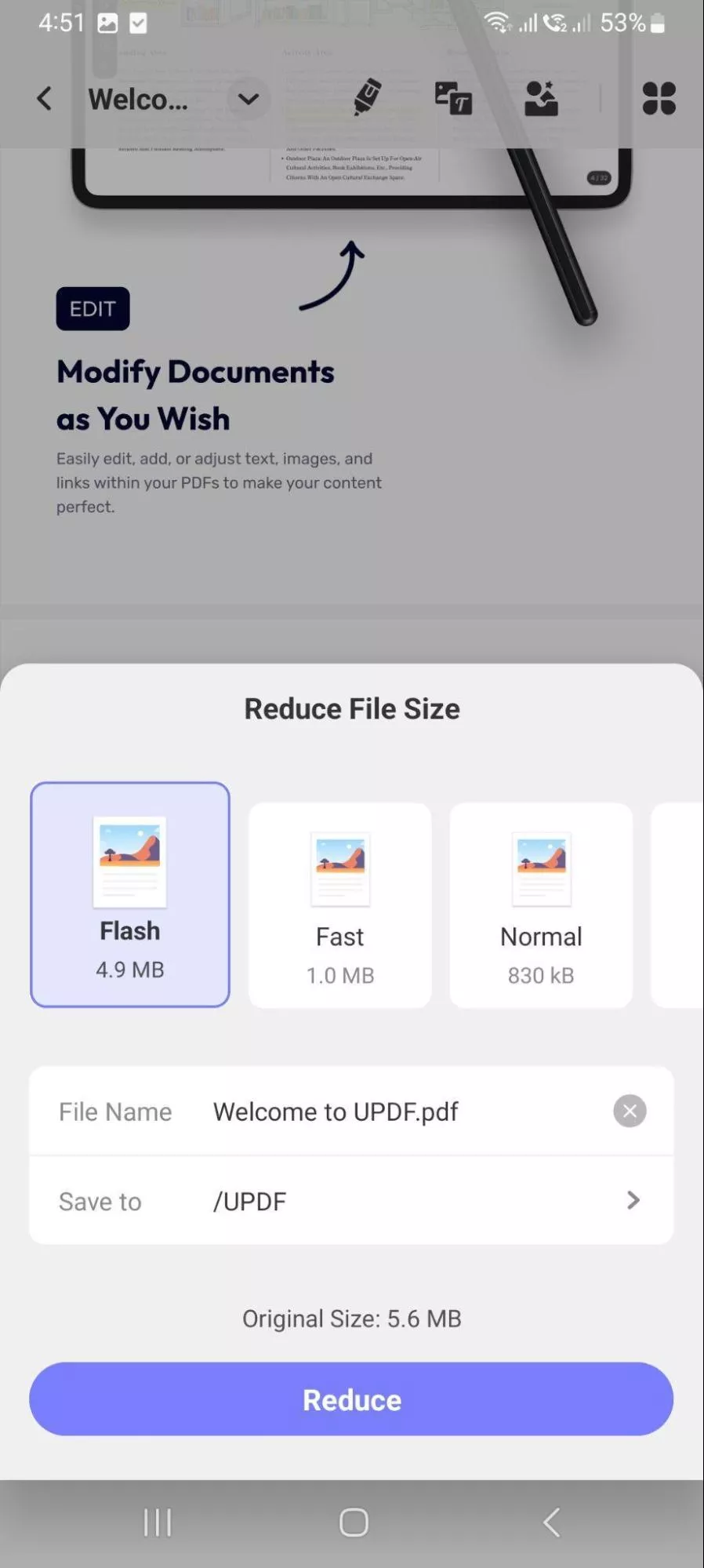 reduce pdf file using updf android