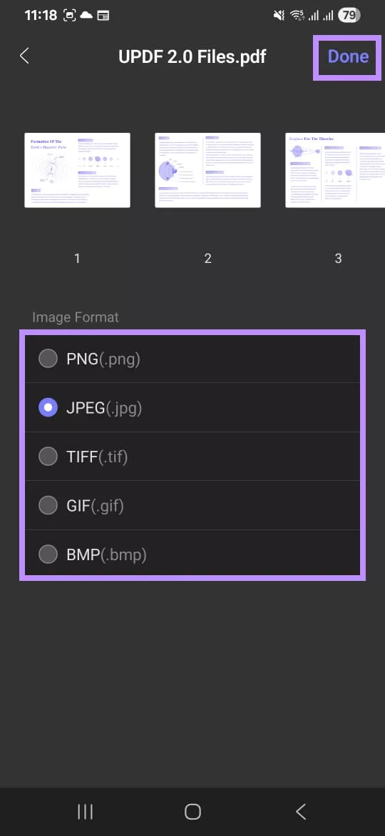 select an image format updf android