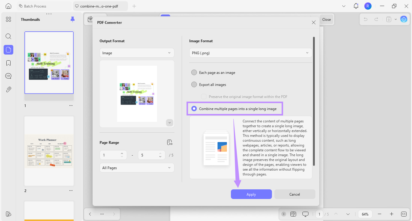Alt-text: select combine multiple pages into a single long image and apply updf windows