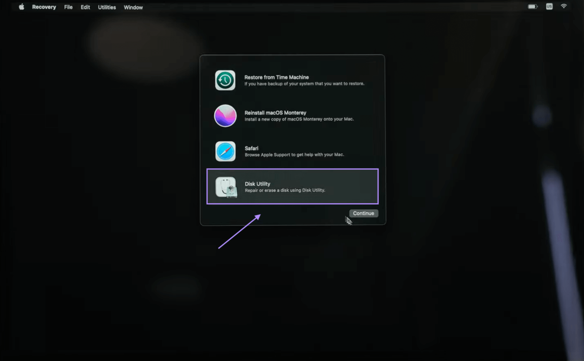 select disk utility from utility window mac