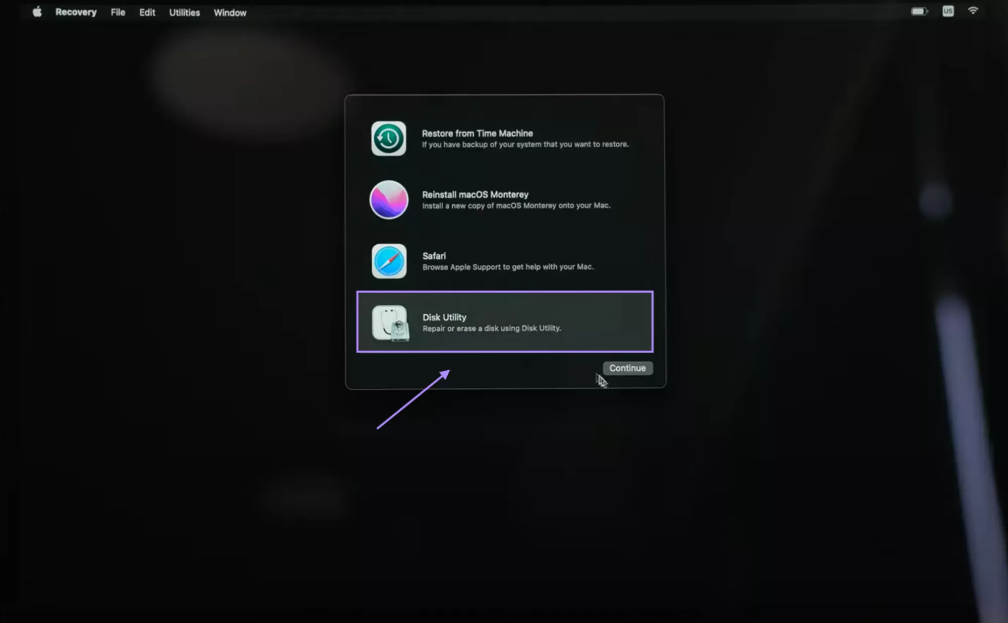 select disk utility from utility window mac