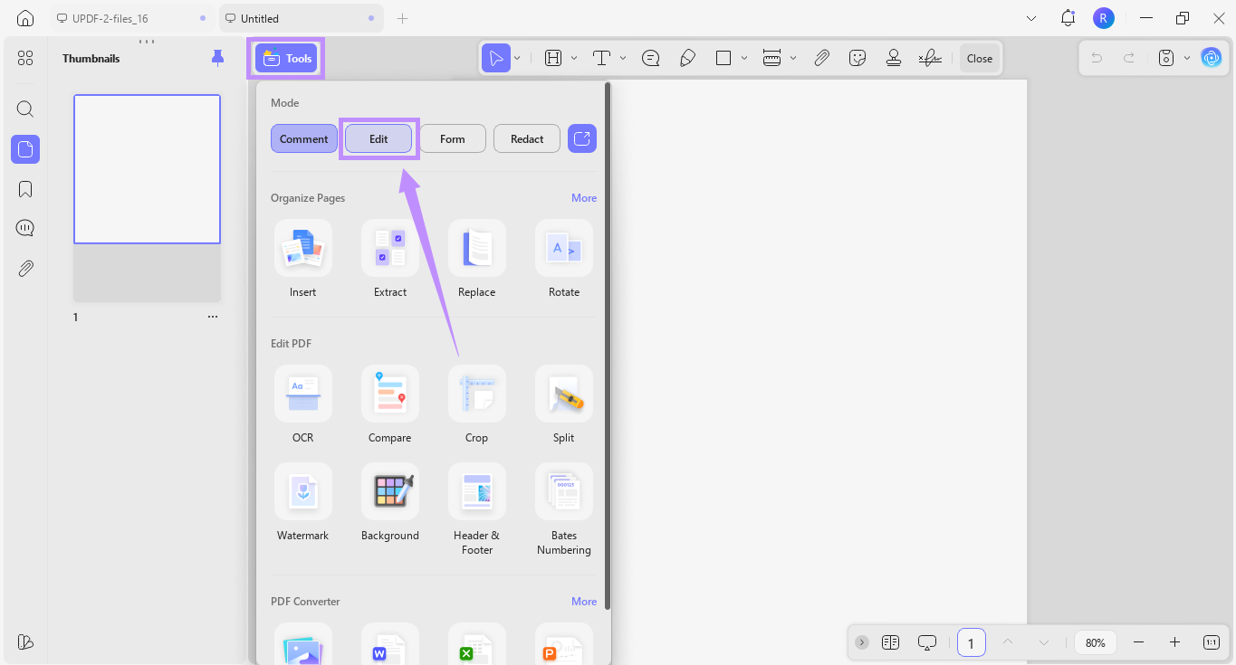 Alt-text: select edit under tools updf windows