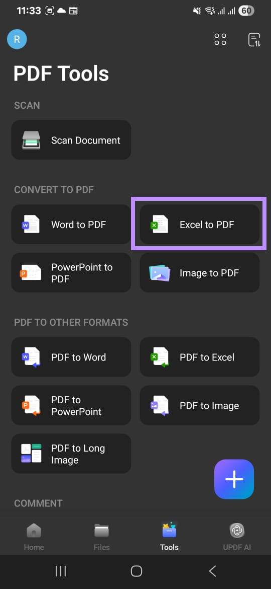 select excel to pdf updf ios