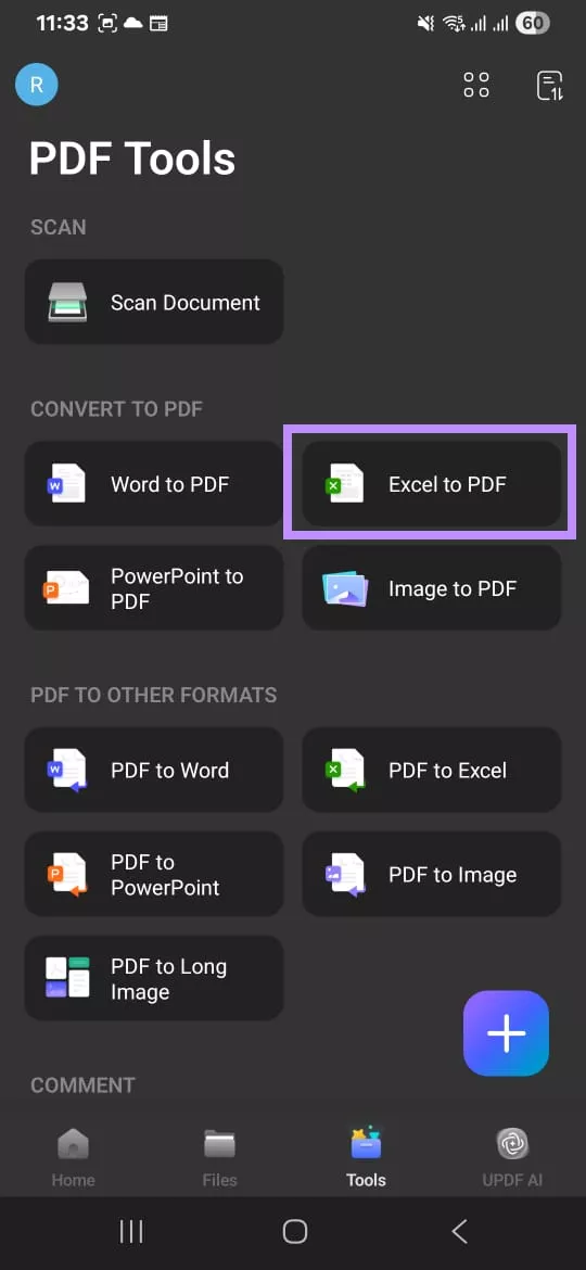 select excel to pdf updf ios