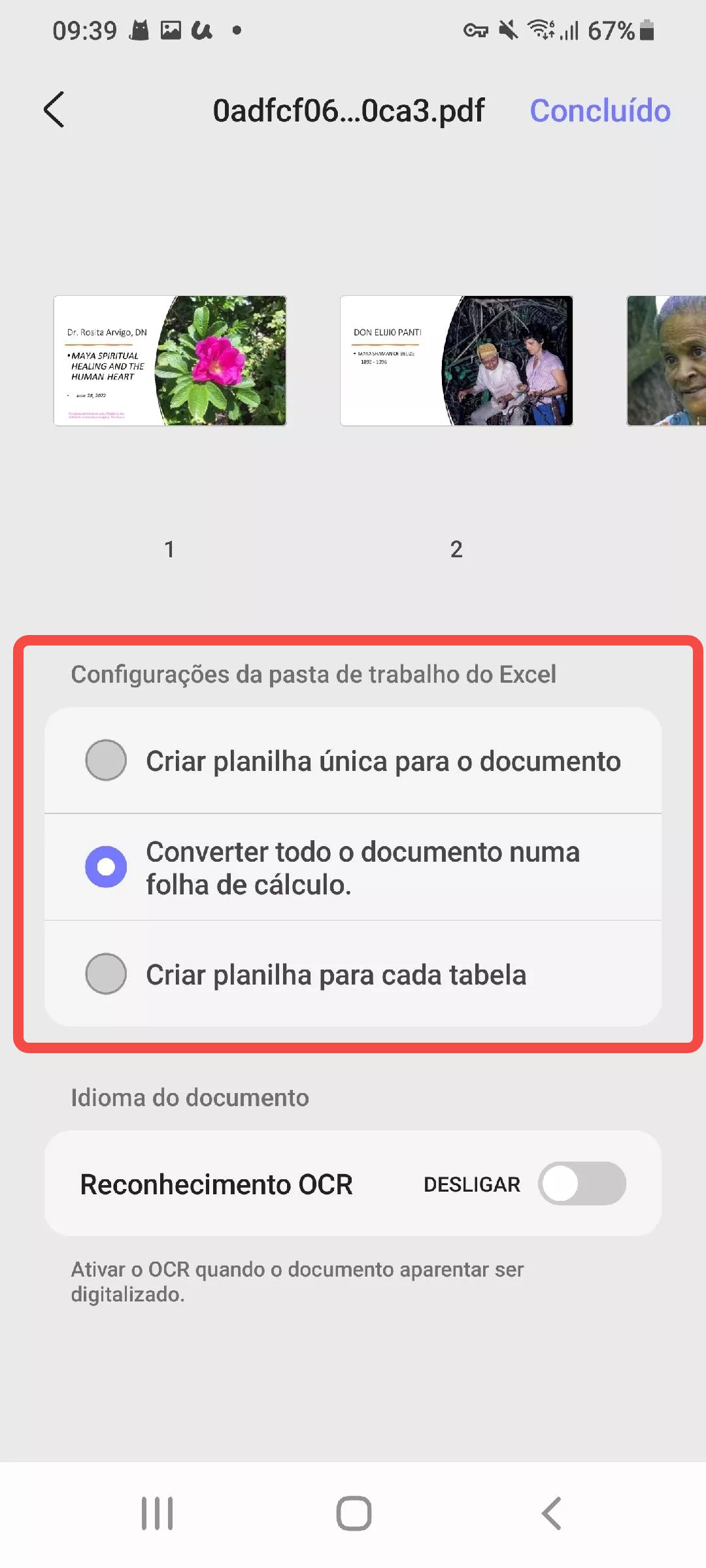 selecionar configurações de pastas de trabalho do Excel updf android