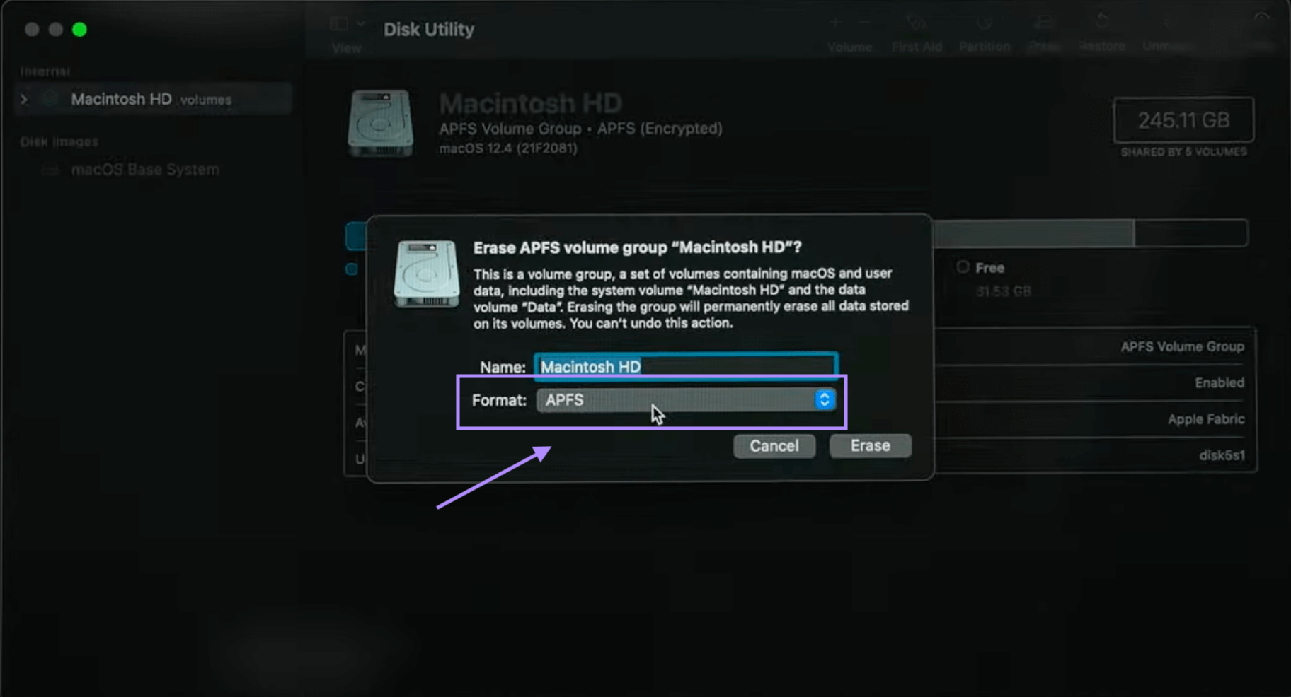 select format APFS to erase mac