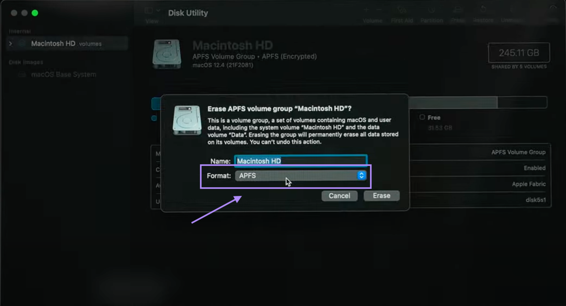 select format APFS to erase mac