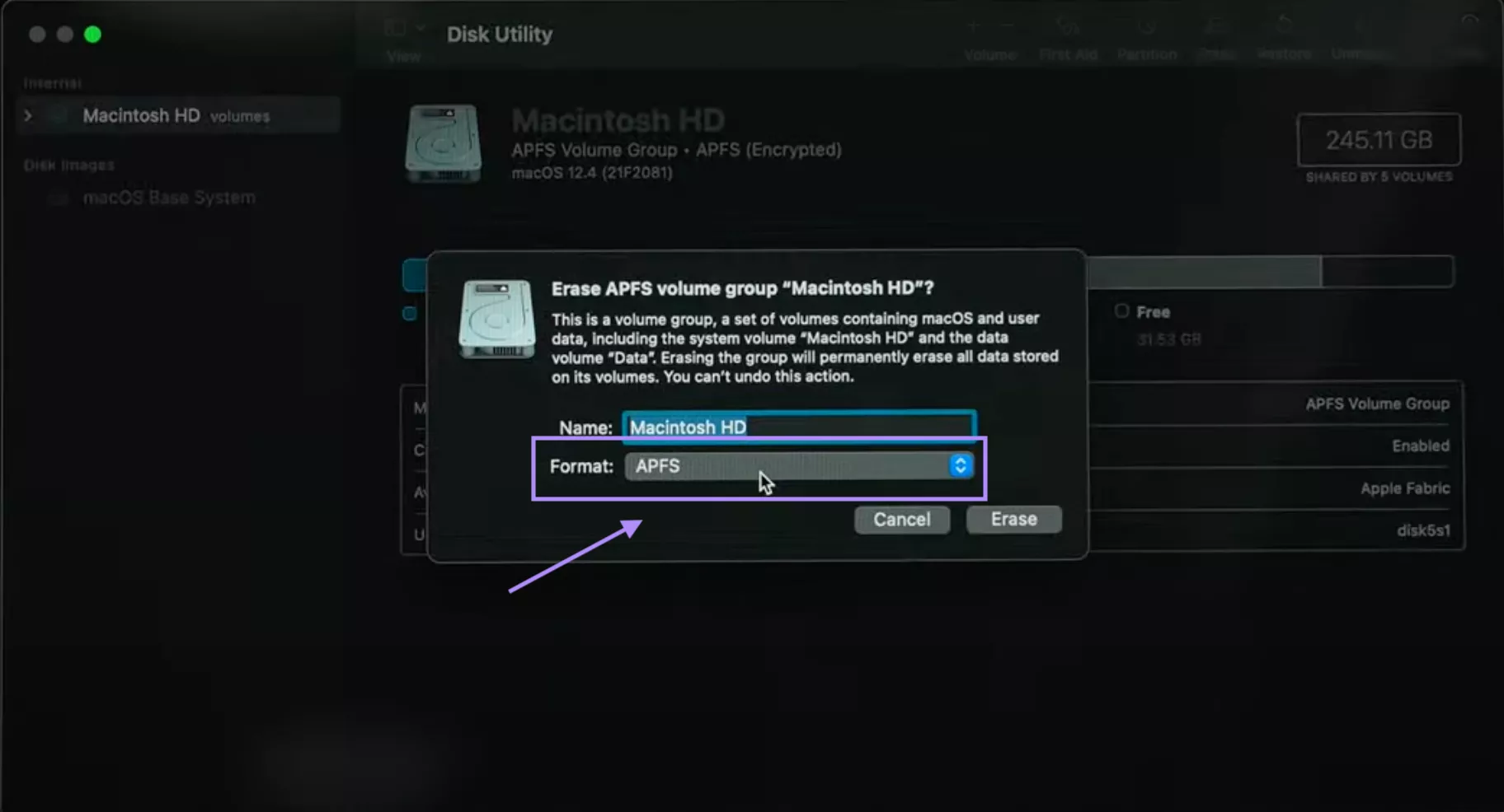 select format APFS to erase mac