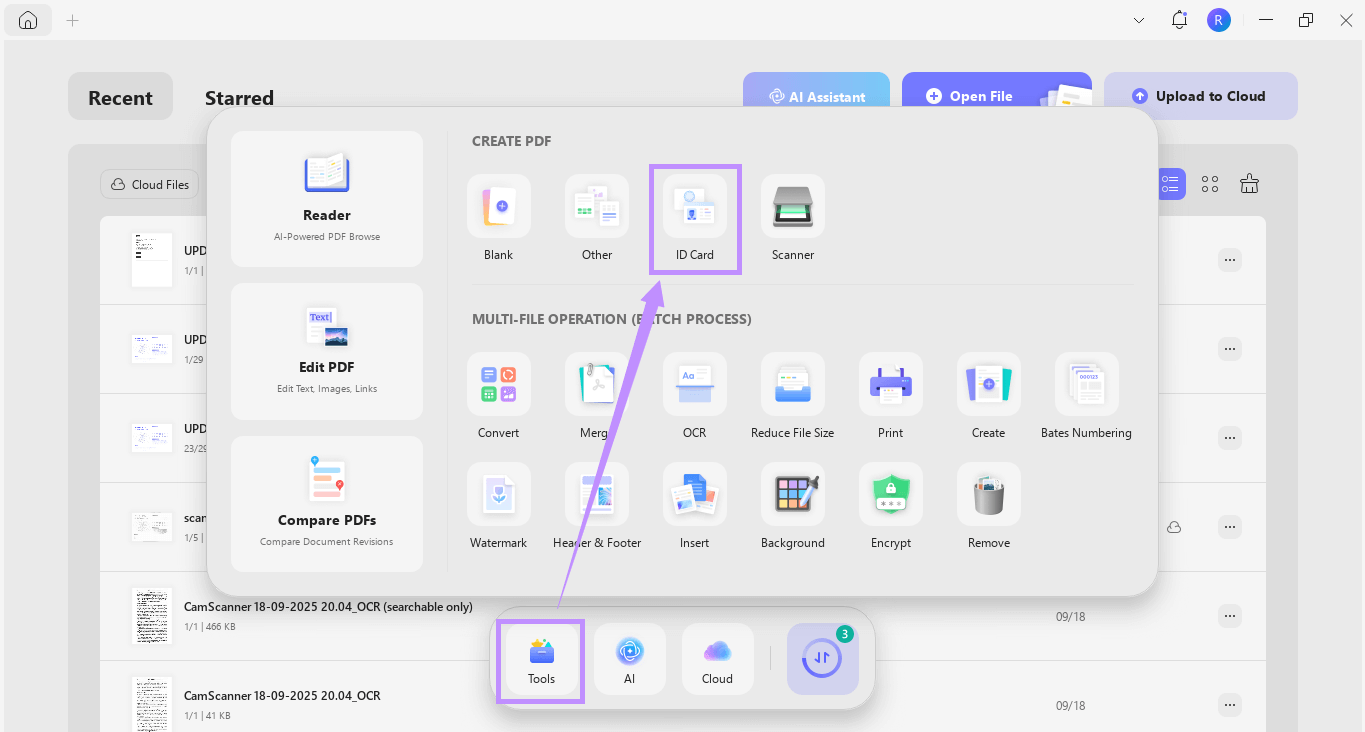 Alt-text: select id card under tools updf windows