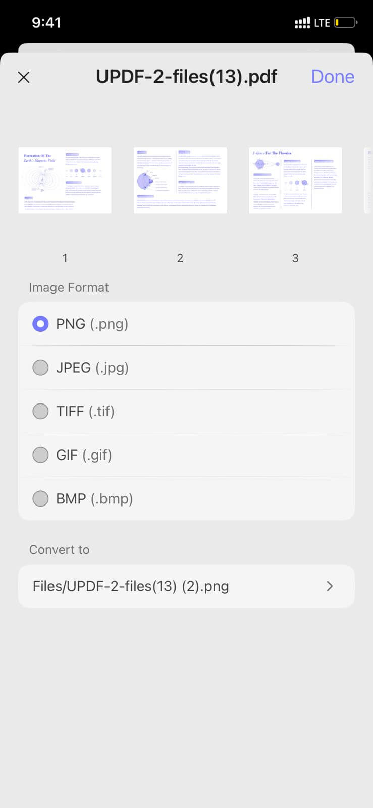 Alt text: select image format and file location updf android