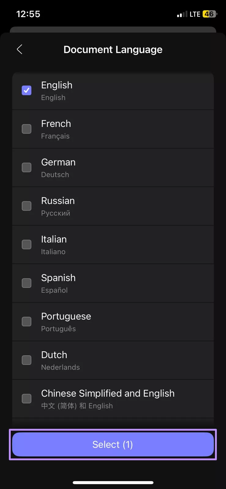 Image Alt: select languages for ocr updf ios