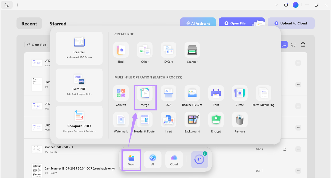 Alt-text: select merge under tools updf windows