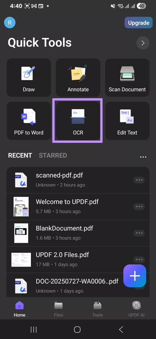 select ocr in updf for android