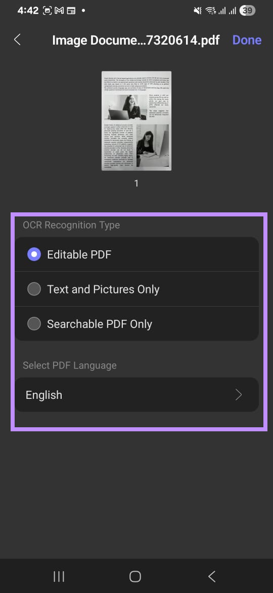  select ocr mode and language in updf for android