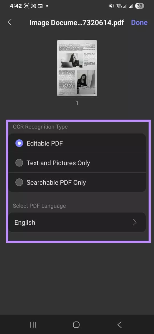 select ocr mode and language in updf for android