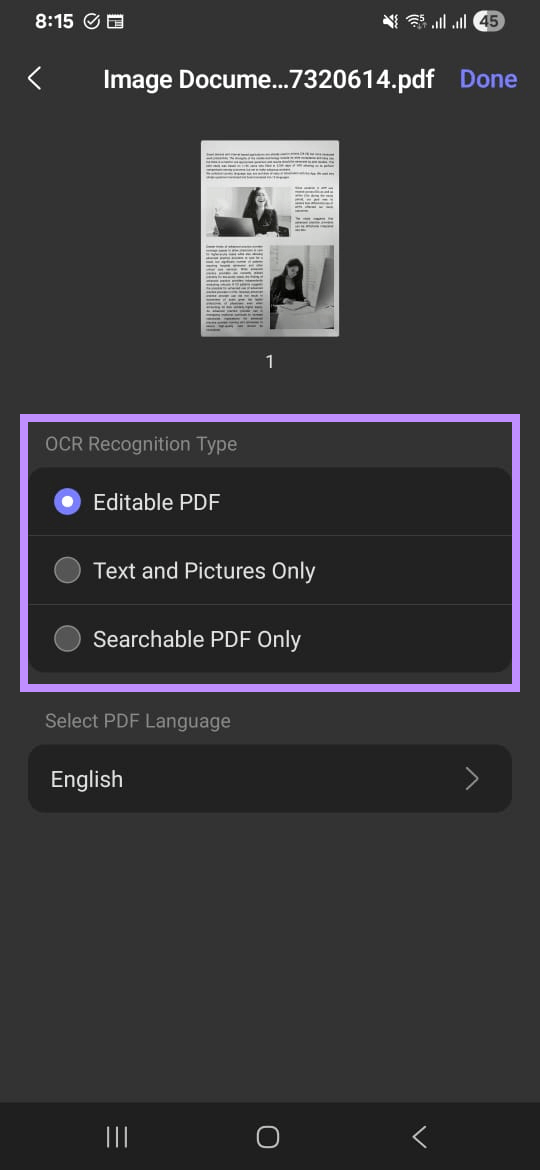 Select ocr mode updf mobile