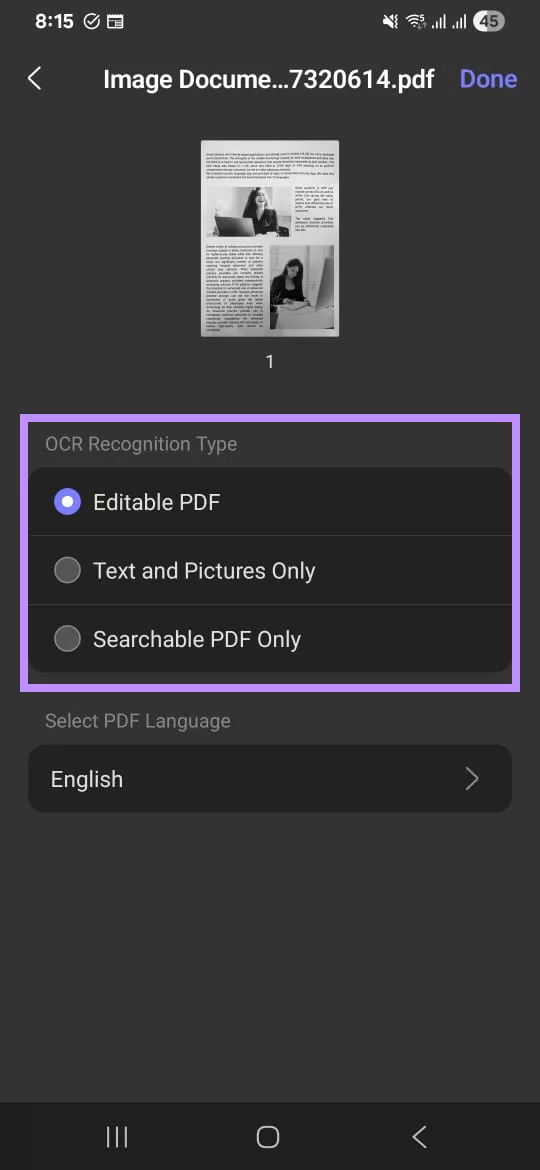 Select ocr mode updf mobile