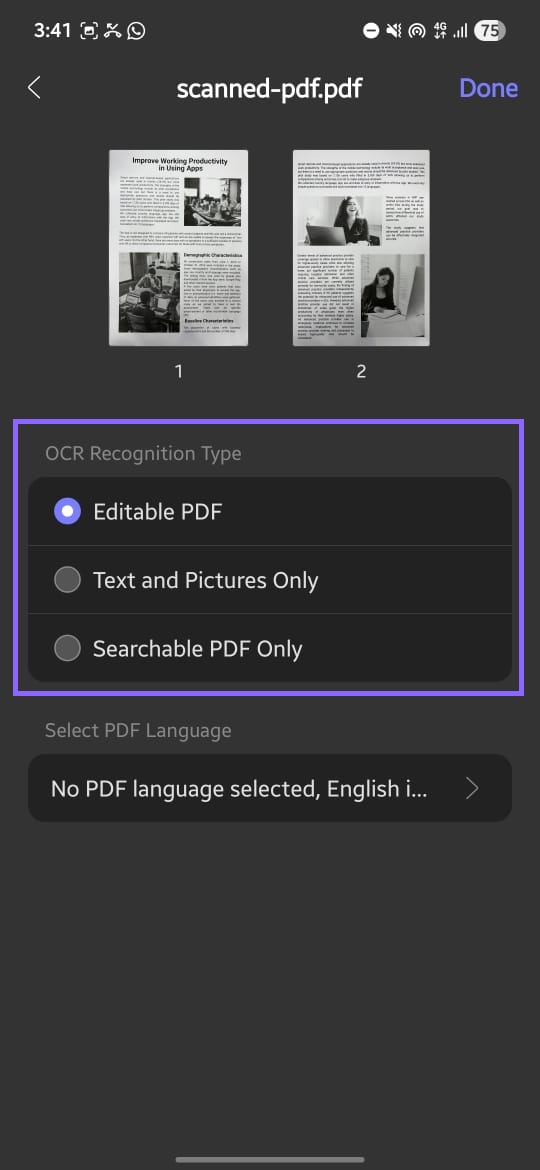 select ocr recognition type updf android