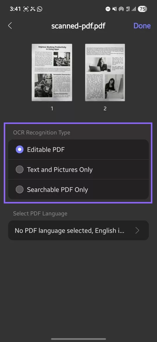 select ocr recognition type updf android