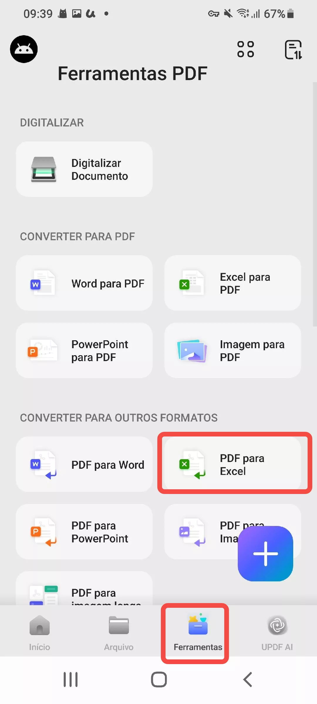 selecionar pdf para excel updf android