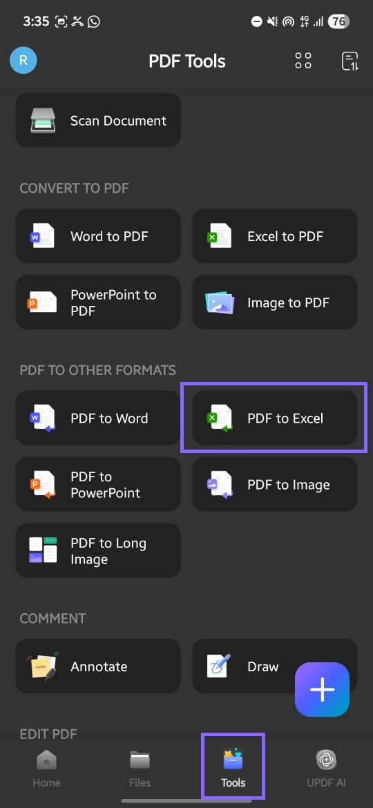 select pdf to excel updf android