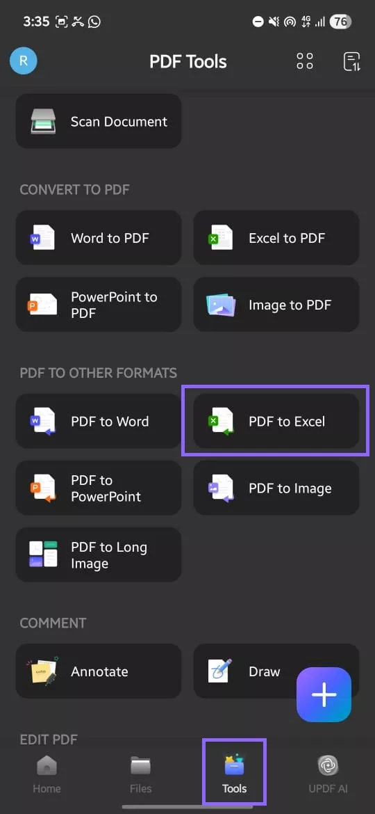 select pdf to excel updf android