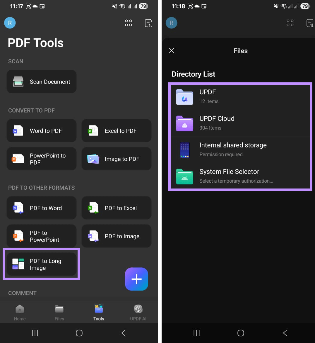 select pdf to long image and storage location updf android