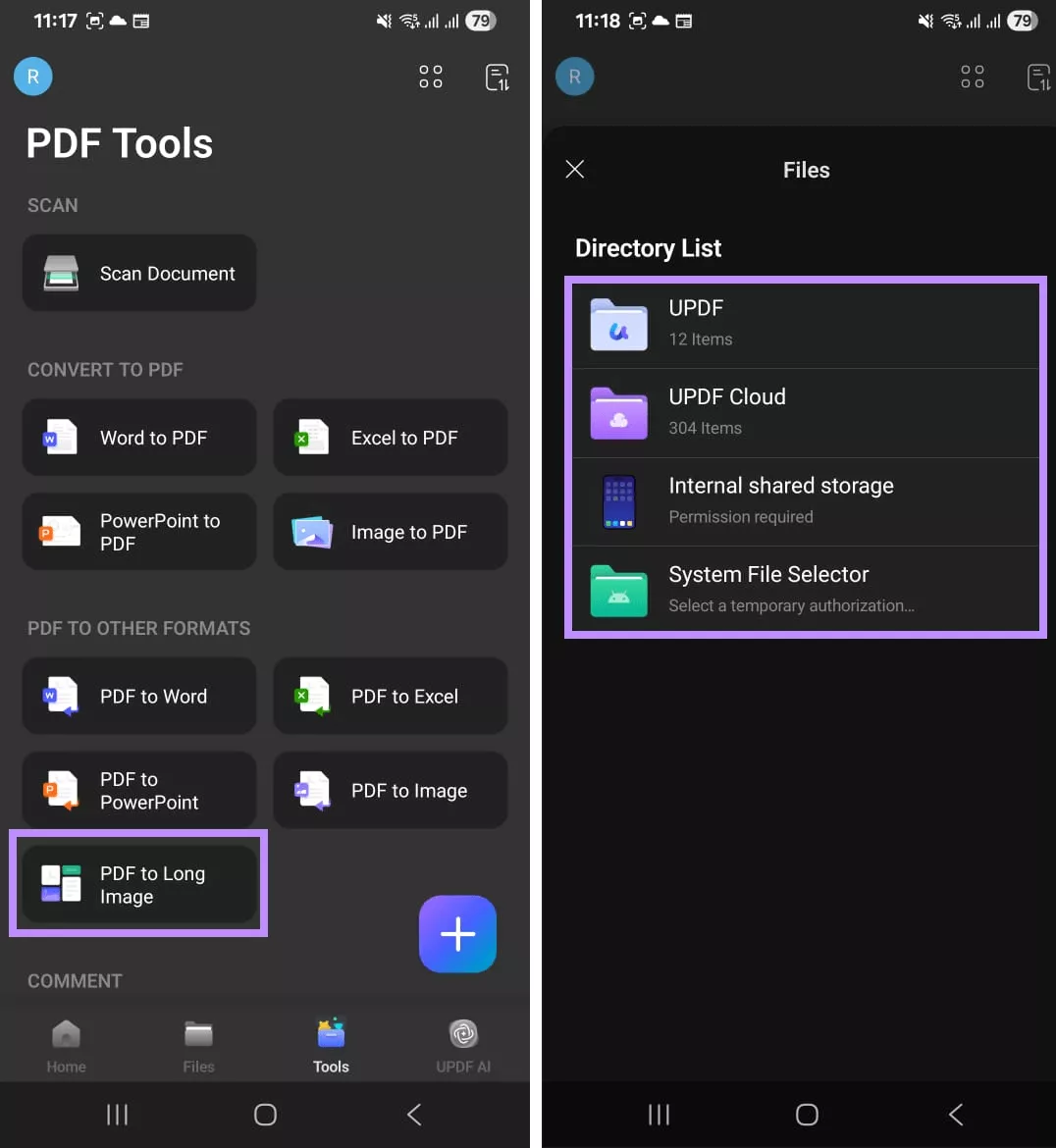 select pdf to long image and storage location updf android