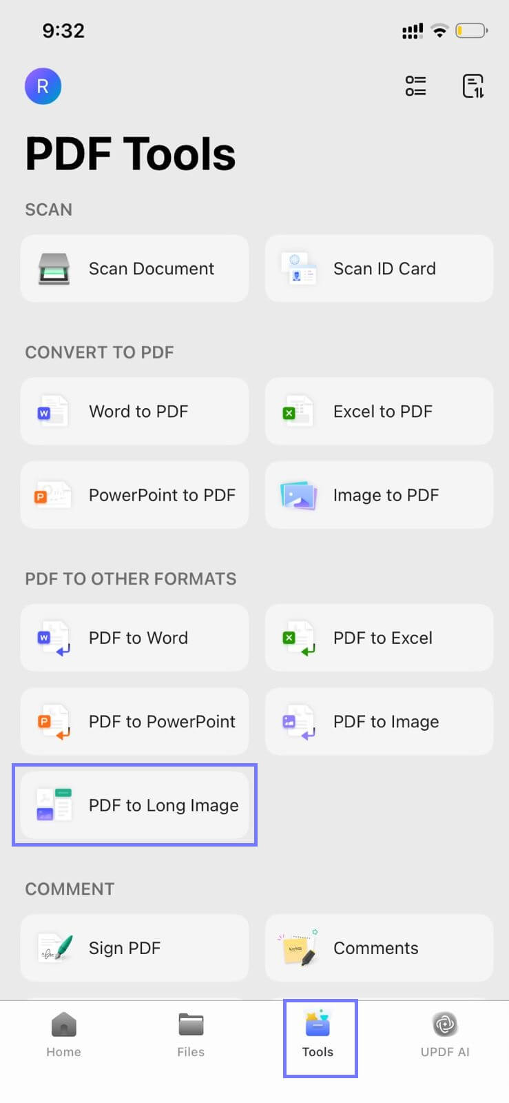 Alt text: select pdf to long image updf android