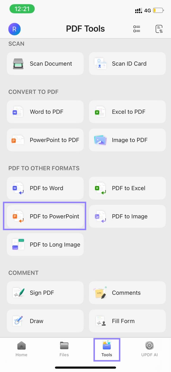 select pdf to powerpoint updf iphone