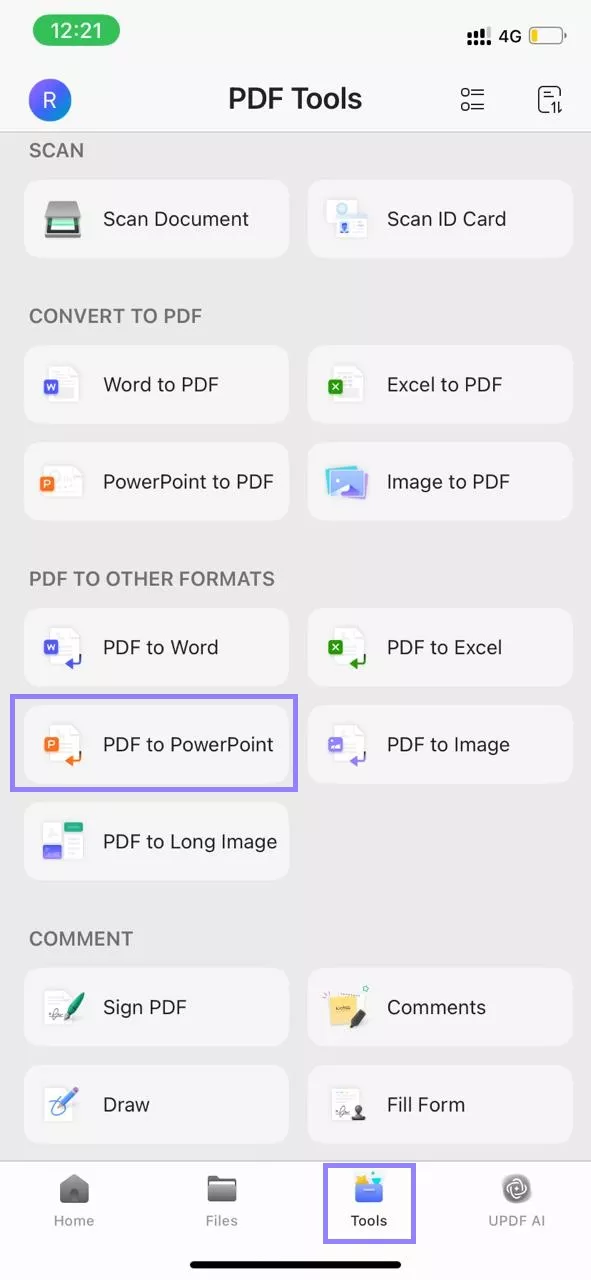 select pdf to powerpoint updf iphone