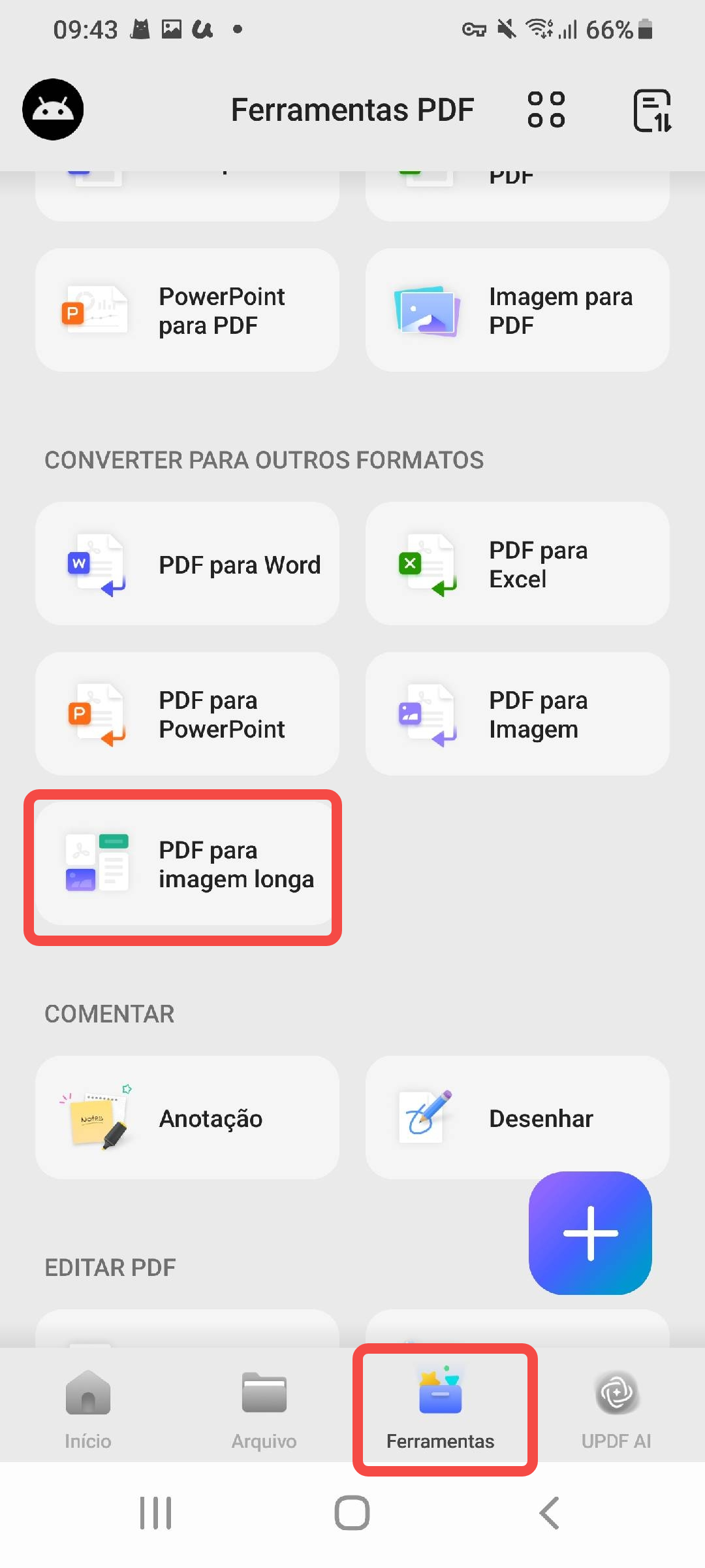 selecionar pdf para imagem única longa updf android