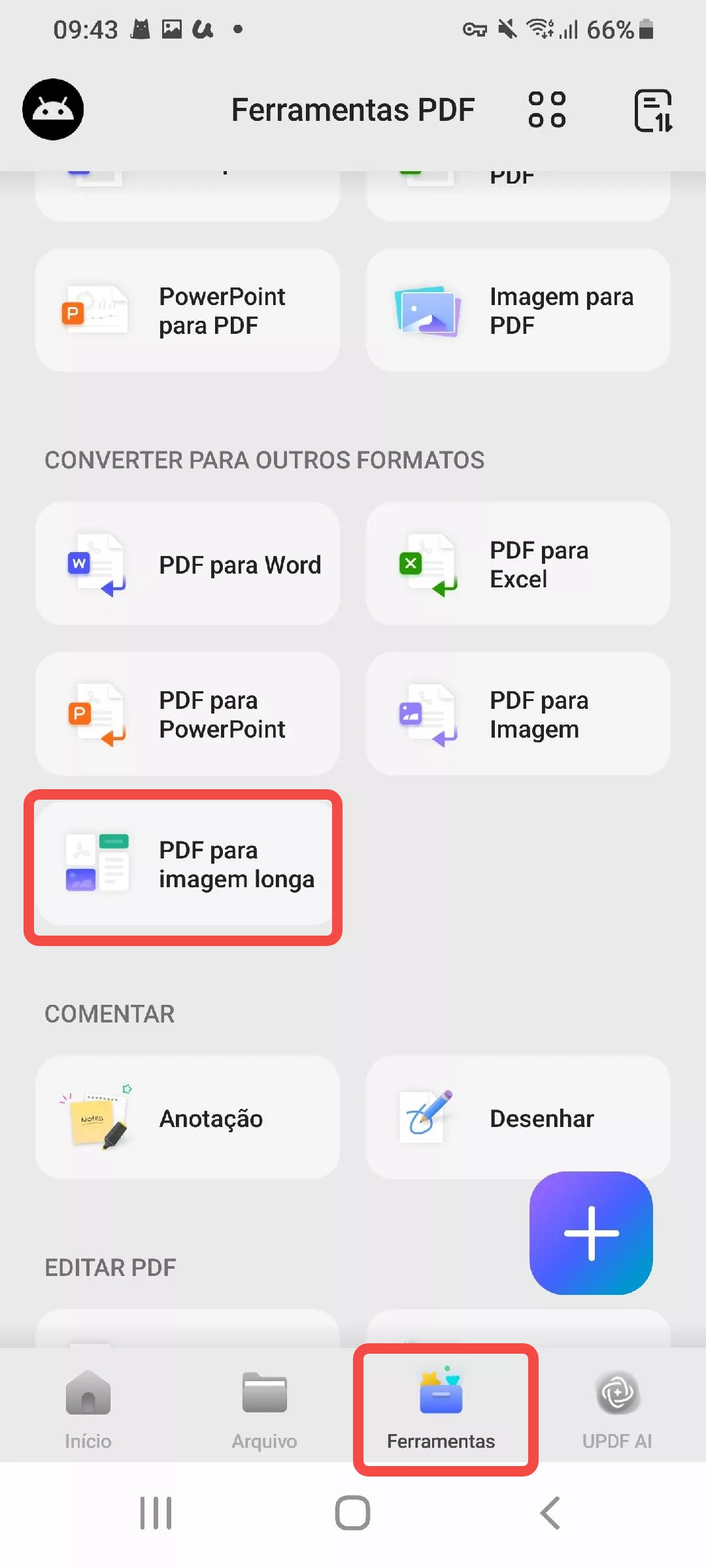 selecionar pdf para imagem única longa updf android