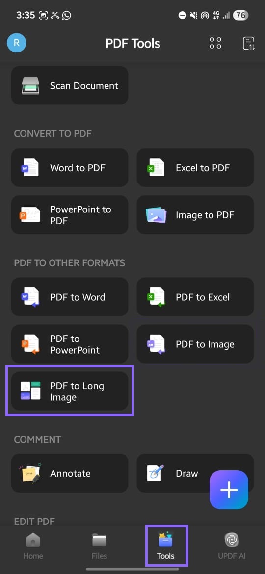 select pdf to single long image updf android