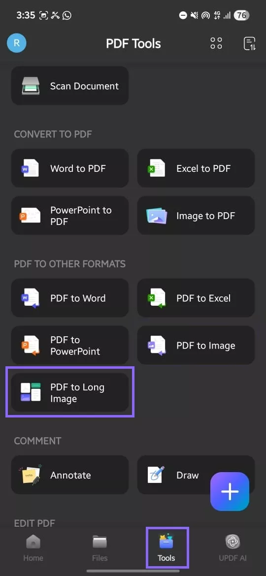 select pdf to single long image updf android
