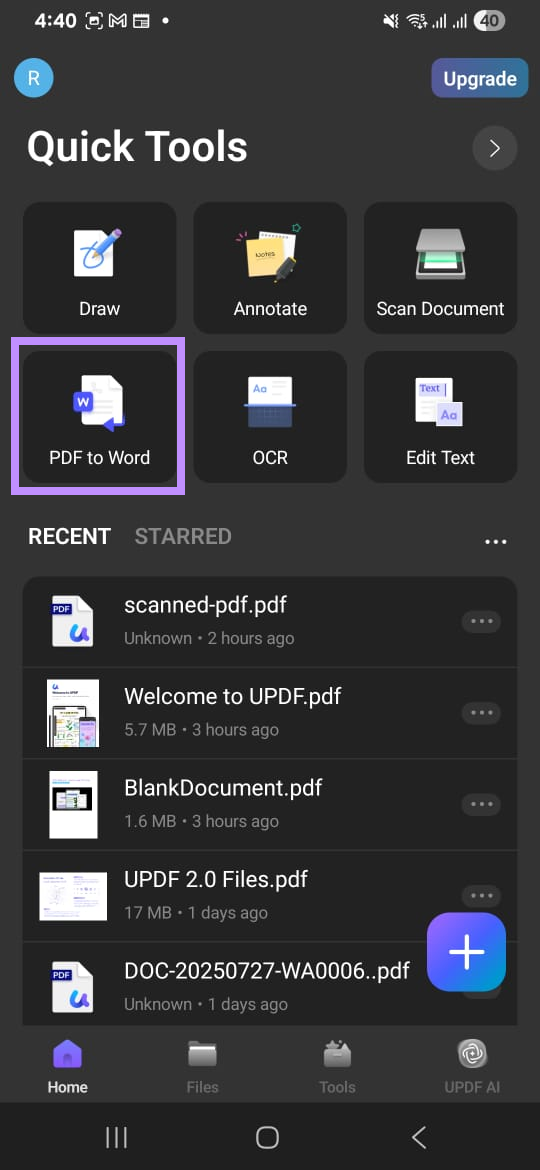 select pdf to word in updf for android